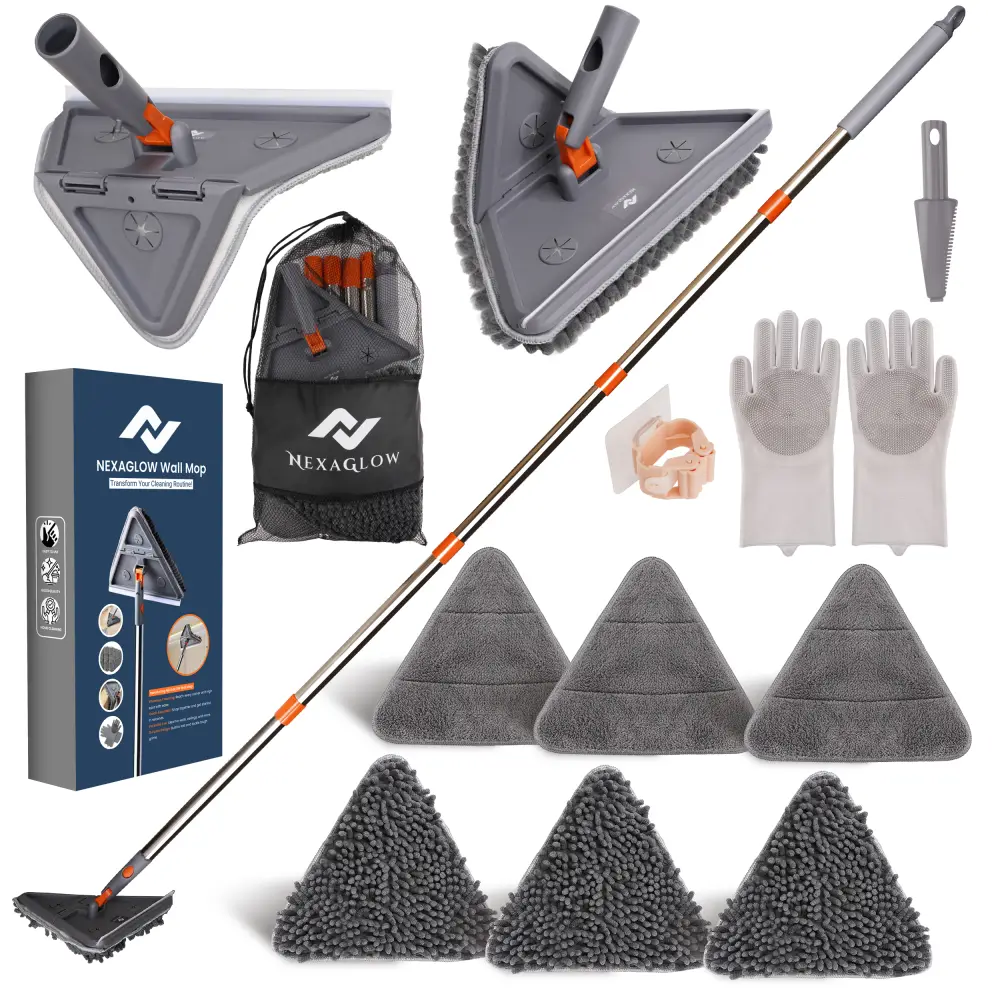Extendable Wall Cleaner Mop with Rotating Head | 3-in-1 Adjustable Wall Mop with Microfiber Pads & Gloves | 360° Wall Cleaner with Long Handle for Win