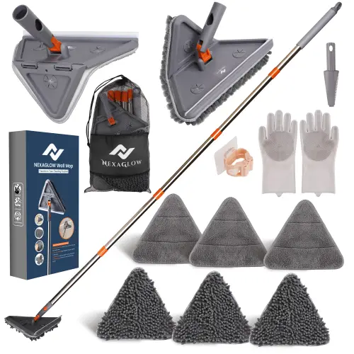 Extendable Wall Cleaner Mop with Rotating Head | 3-in-1 Adjustable Wall Mop with Microfiber Pads & Gloves | 360° Wall Cleaner with Long Handle for Win