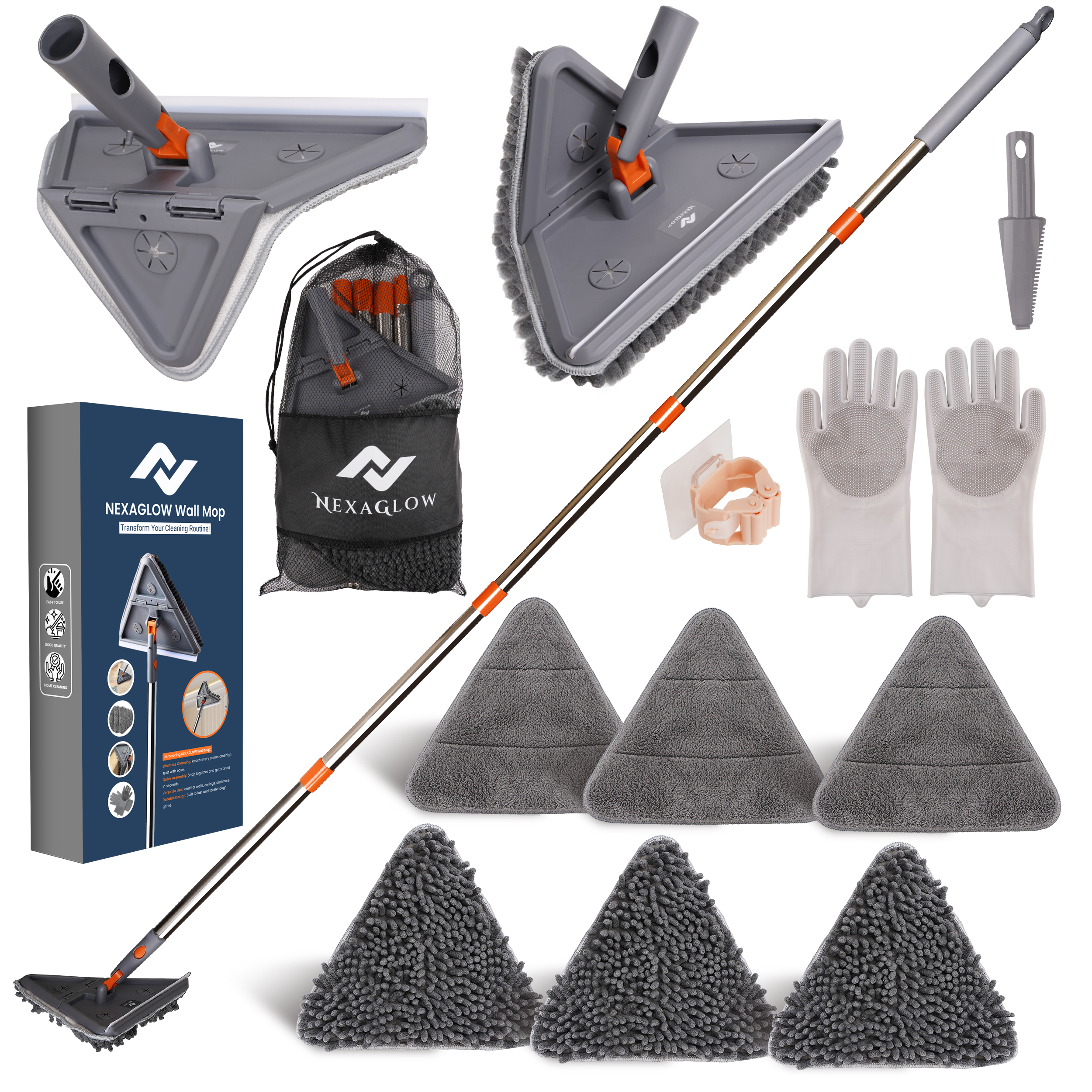 Extendable Wall Cleaner Mop with Rotating Head | 3-in-1 Adjustable Wall Mop with Microfiber Pads & Gloves | 360° Wall Cleaner with Long Handle for Win